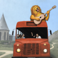 Garfield driving a school bus in a rock concert, Painting by Leonardo Da Vinci